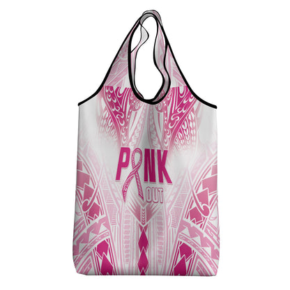 Breast Cancer Pink Out Grocery Bag Polynesian Art Tattoo White Version