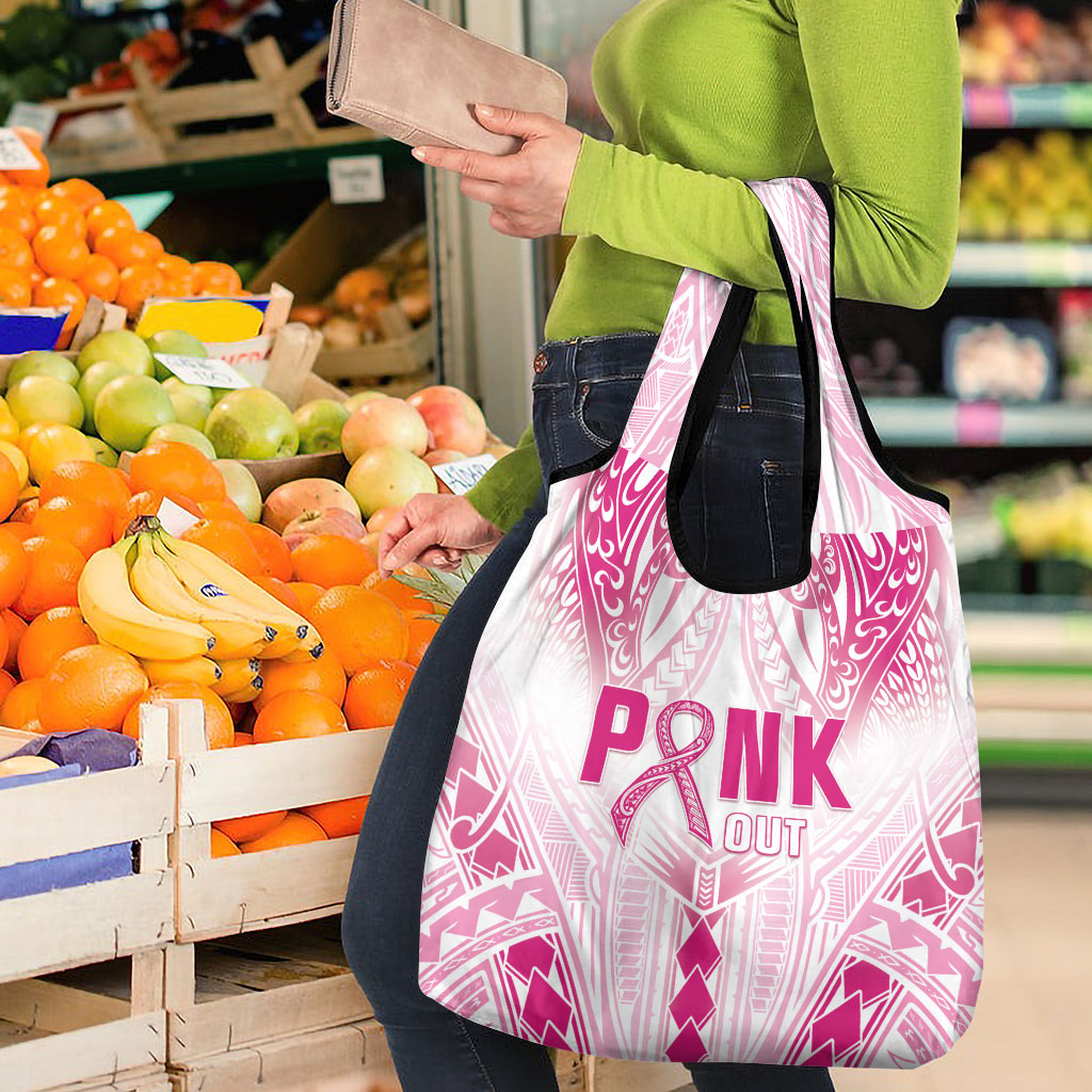 Breast Cancer Pink Out Grocery Bag Polynesian Art Tattoo White Version