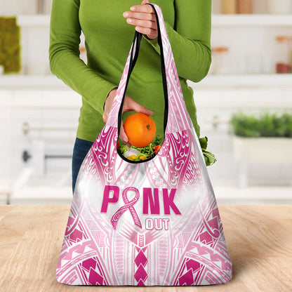 Breast Cancer Pink Out Grocery Bag Polynesian Art Tattoo White Version