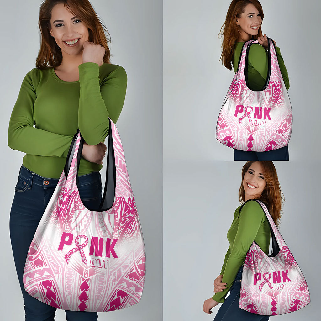 Breast Cancer Pink Out Grocery Bag Polynesian Art Tattoo White Version