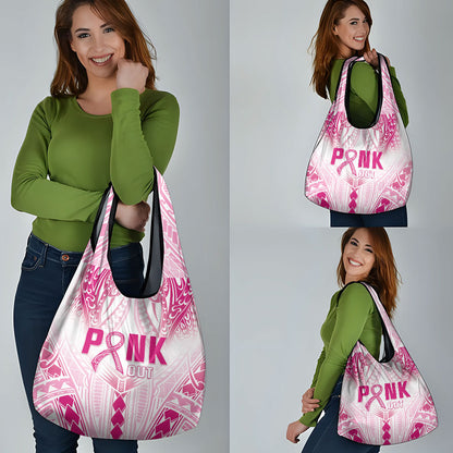 Breast Cancer Pink Out Grocery Bag Polynesian Art Tattoo White Version