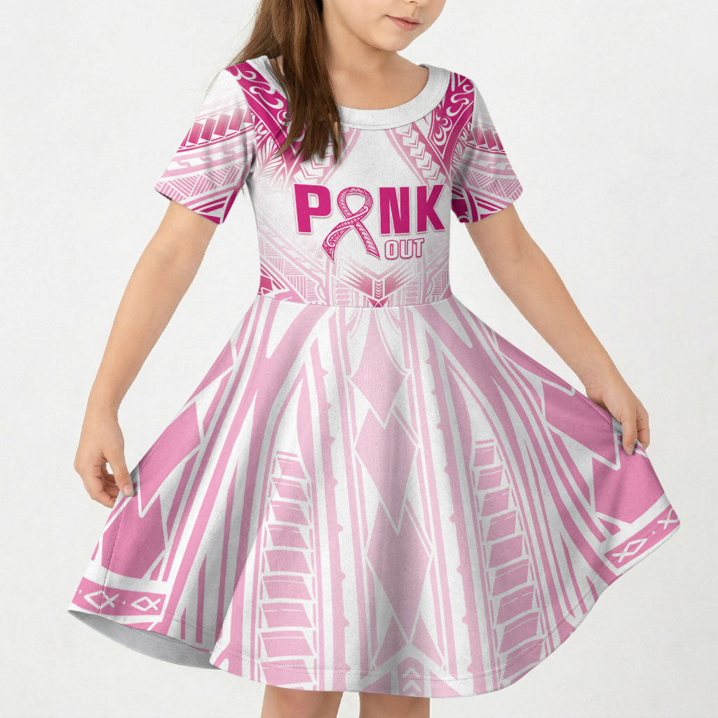 Breast Cancer Pink Out Kid Short Sleeve Dress Polynesian Art Tattoo White Version