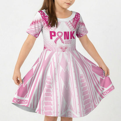 Breast Cancer Pink Out Kid Short Sleeve Dress Polynesian Art Tattoo White Version