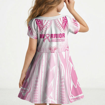 Breast Cancer Pink Out Kid Short Sleeve Dress Polynesian Art Tattoo White Version
