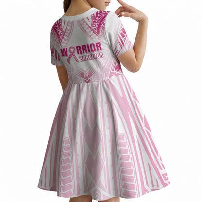 Breast Cancer Pink Out Kid Short Sleeve Dress Polynesian Art Tattoo White Version