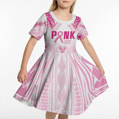 Breast Cancer Pink Out Kid Short Sleeve Dress Polynesian Art Tattoo White Version