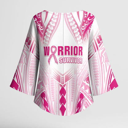 Breast Cancer Pink Out Kimono Sleeve Blouse Polynesian Art Tattoo White Version