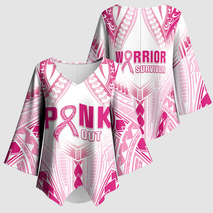 Breast Cancer Pink Out Kimono Sleeve Blouse Polynesian Art Tattoo White Version