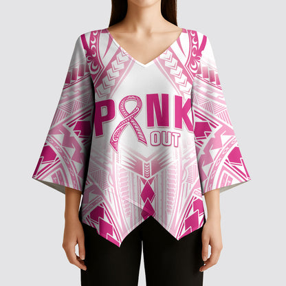 Breast Cancer Pink Out Kimono Sleeve Blouse Polynesian Art Tattoo White Version