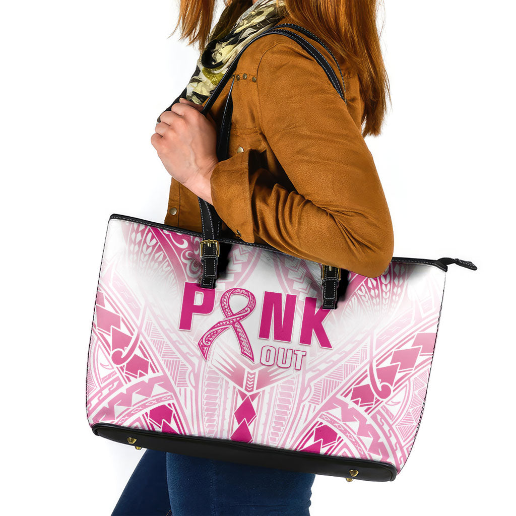 Breast Cancer Pink Out Leather Tote Bag Polynesian Art Tattoo White Version