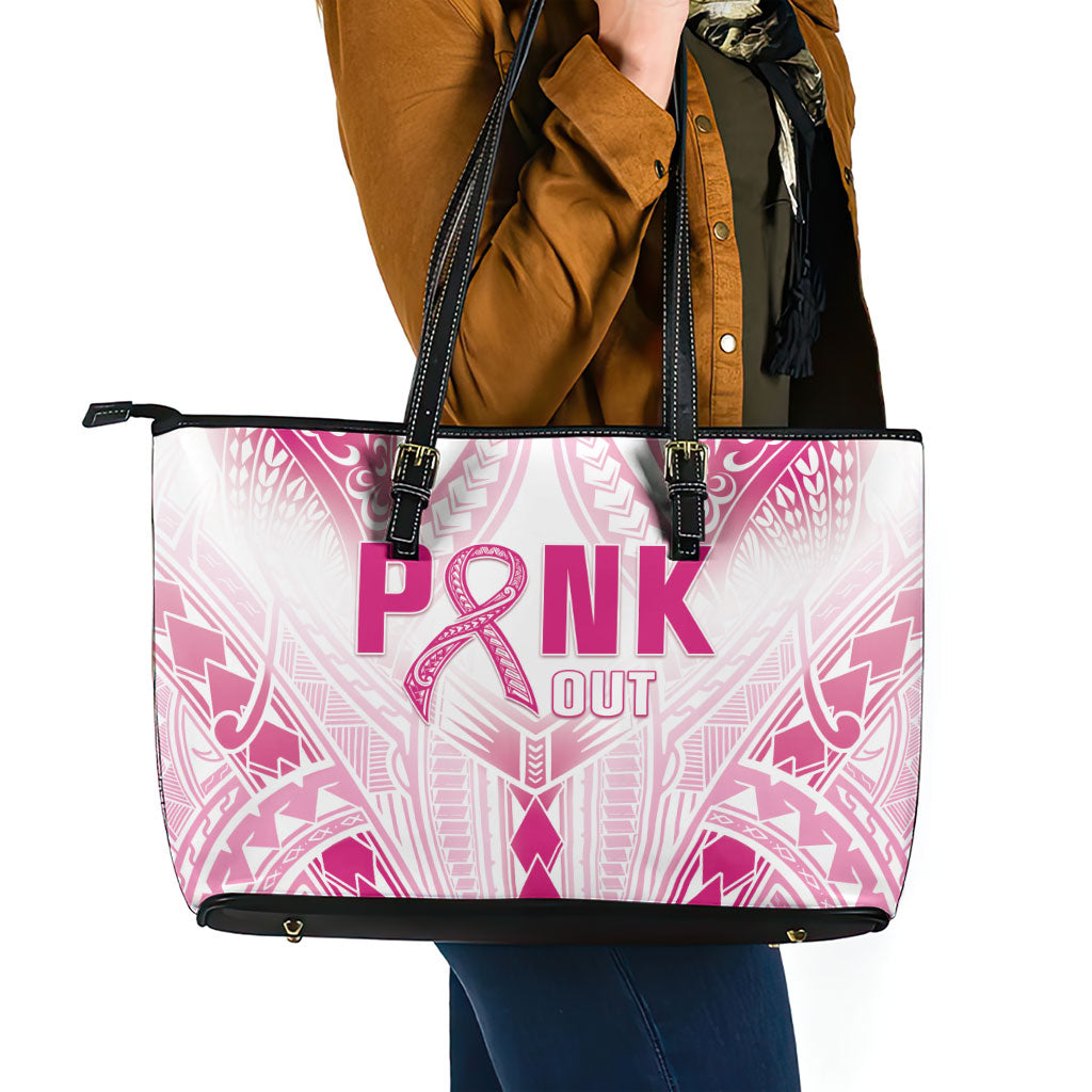 Breast Cancer Pink Out Leather Tote Bag Polynesian Art Tattoo White Version