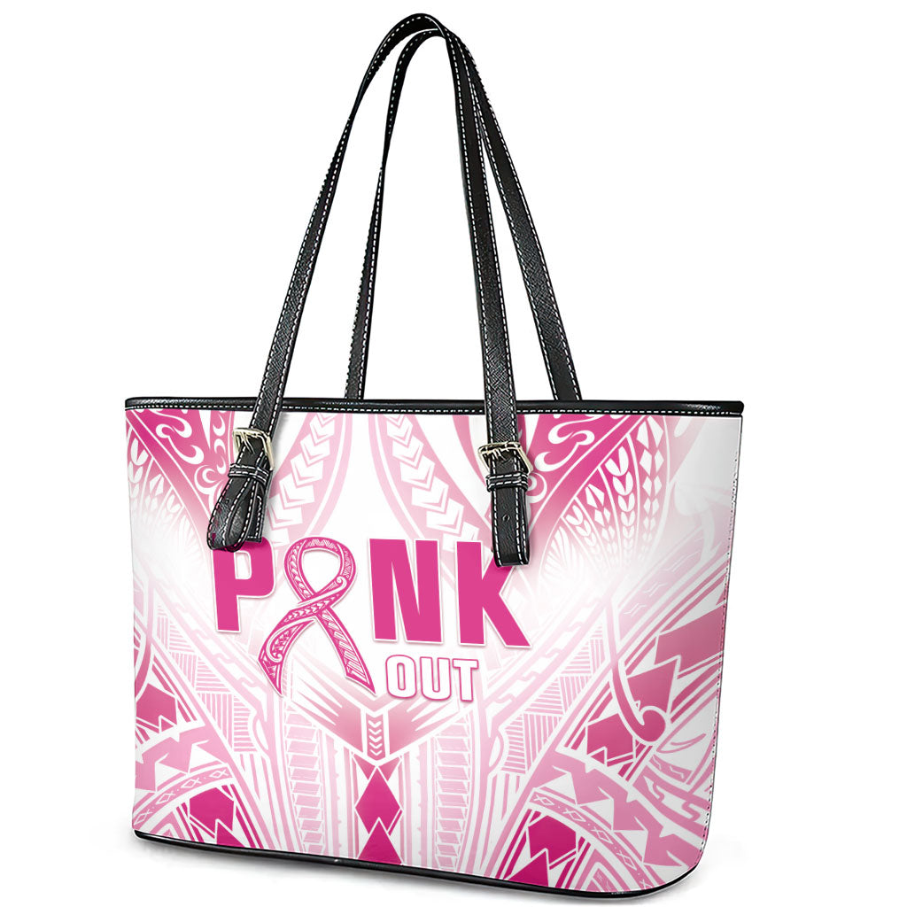 Breast Cancer Pink Out Leather Tote Bag Polynesian Art Tattoo White Version