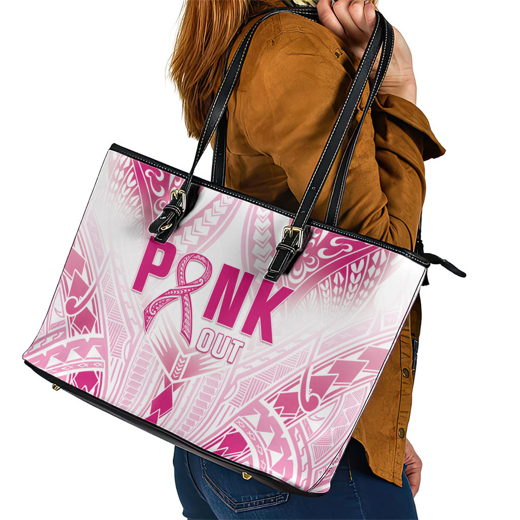 Breast Cancer Pink Out Leather Tote Bag Polynesian Art Tattoo White Version