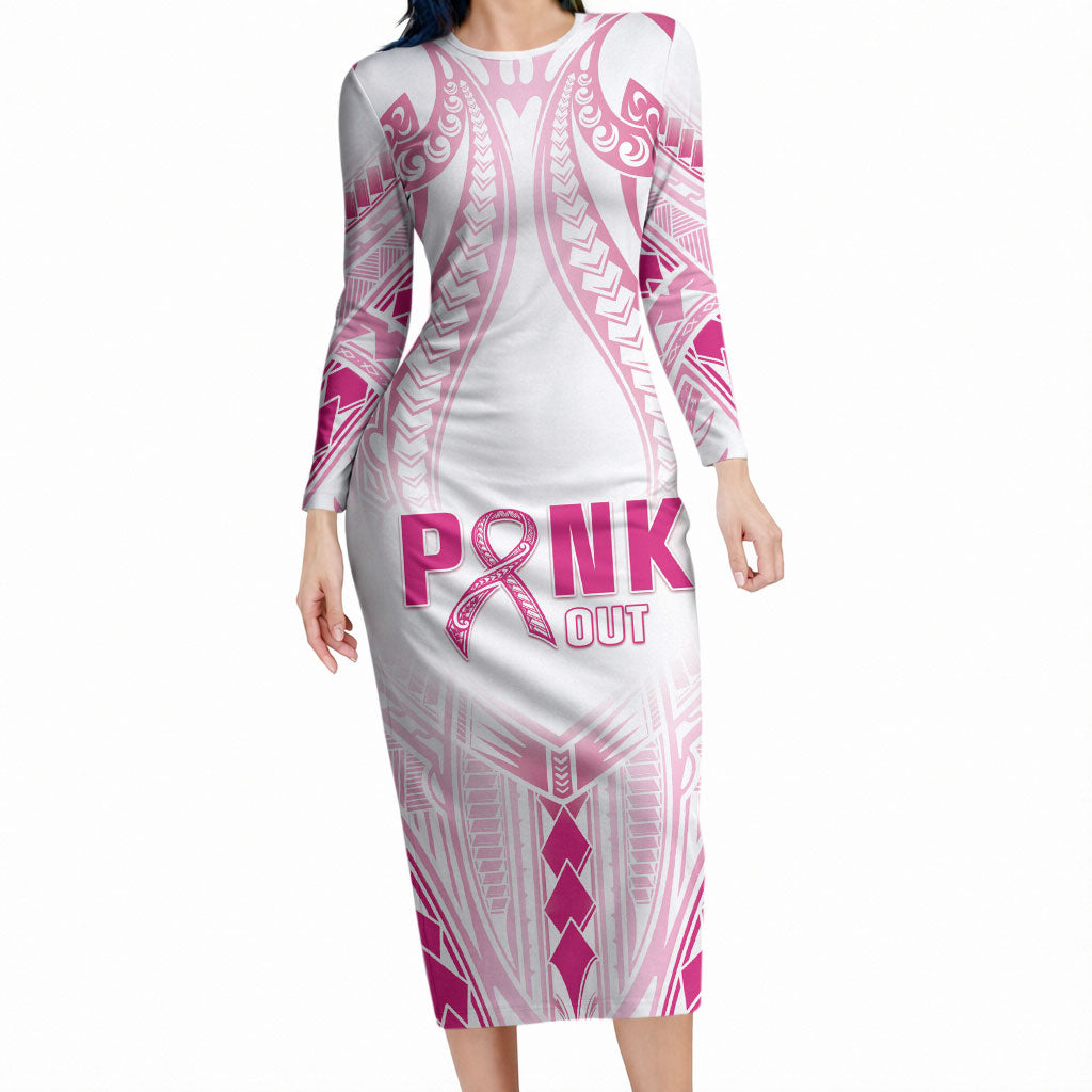 Breast Cancer Pink Out Long Sleeve Bodycon Dress Polynesian Art Tattoo White Version