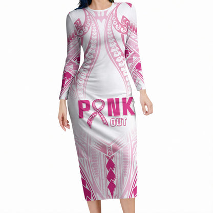 Breast Cancer Pink Out Long Sleeve Bodycon Dress Polynesian Art Tattoo White Version