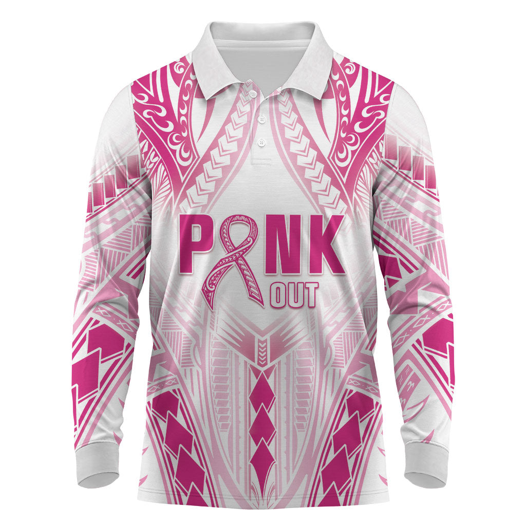 Breast Cancer Pink Out Long Sleeve Polo Shirt Polynesian Art Tattoo White Version