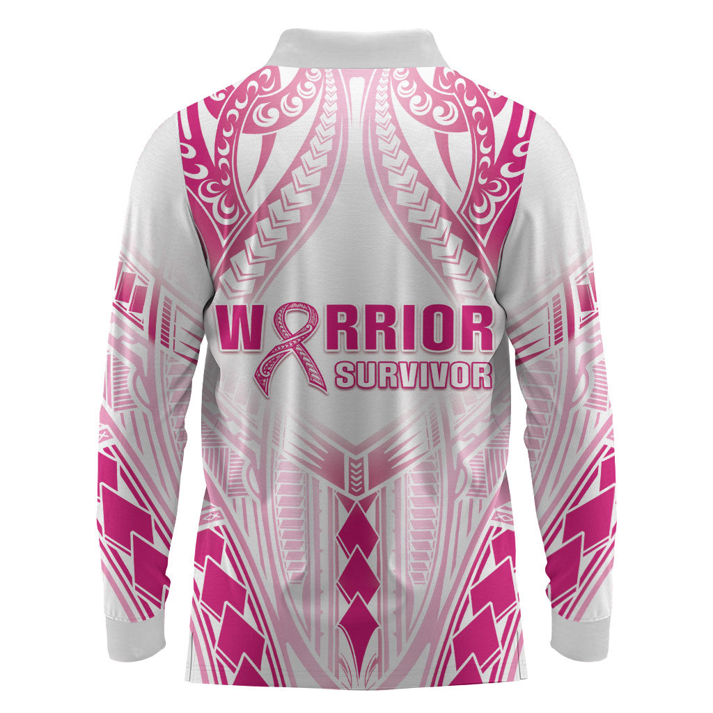 Breast Cancer Pink Out Long Sleeve Polo Shirt Polynesian Art Tattoo White Version