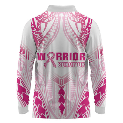 Breast Cancer Pink Out Long Sleeve Polo Shirt Polynesian Art Tattoo White Version