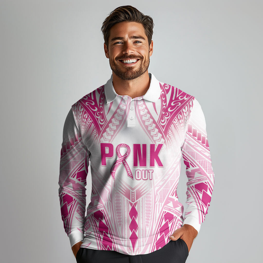 Breast Cancer Pink Out Long Sleeve Polo Shirt Polynesian Art Tattoo White Version