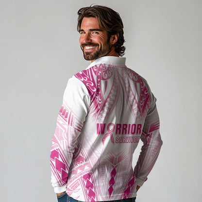 Breast Cancer Pink Out Long Sleeve Polo Shirt Polynesian Art Tattoo White Version