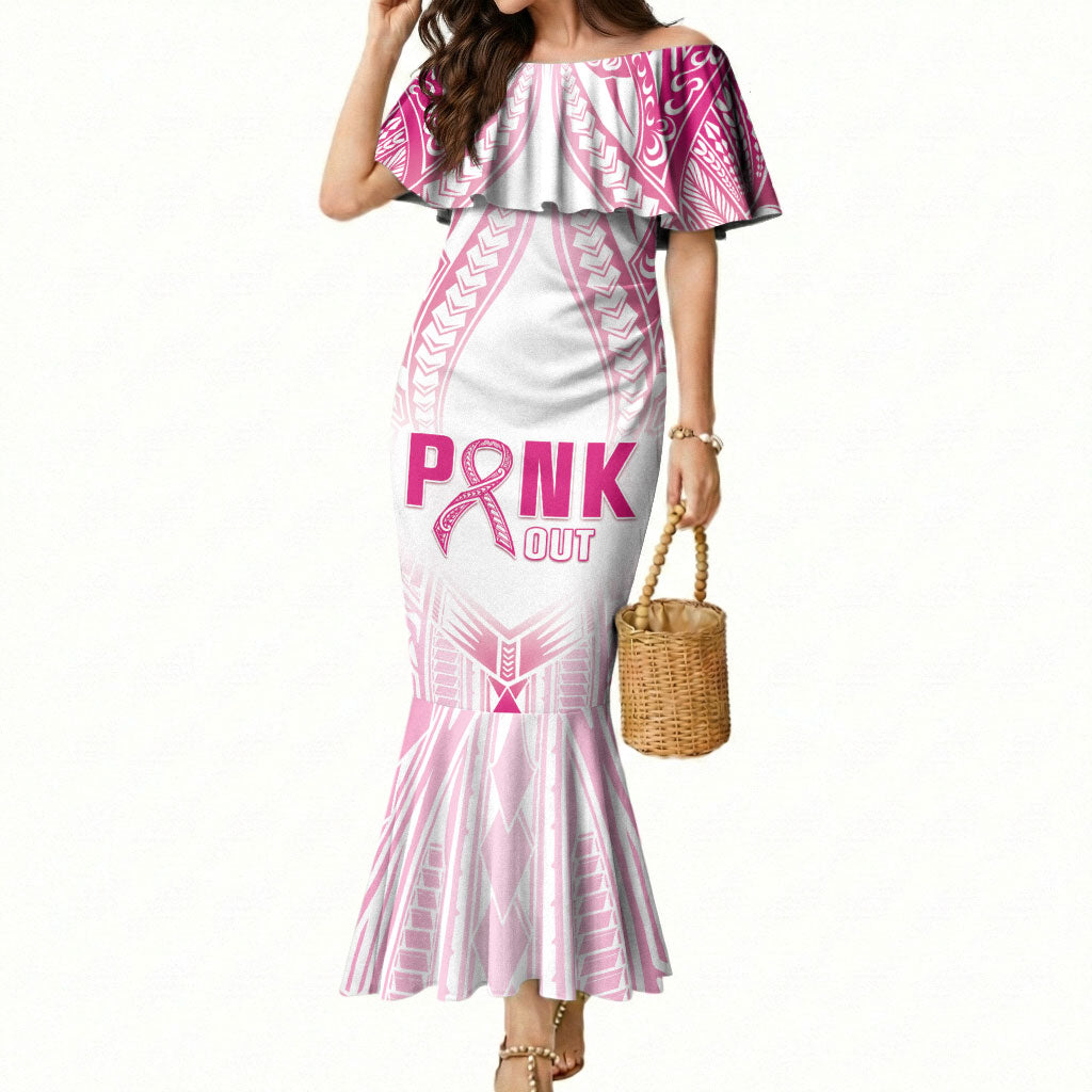 Breast Cancer Pink Out Mermaid Dress Polynesian Art Tattoo White Version