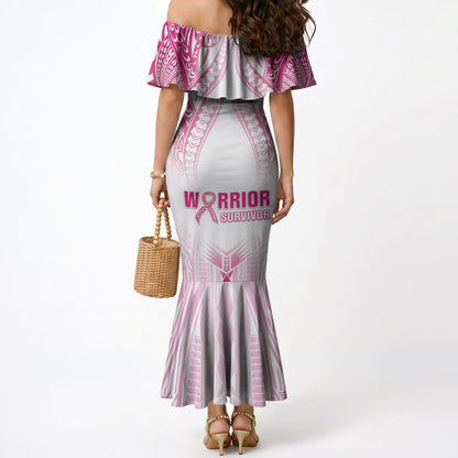 Breast Cancer Pink Out Mermaid Dress Polynesian Art Tattoo White Version