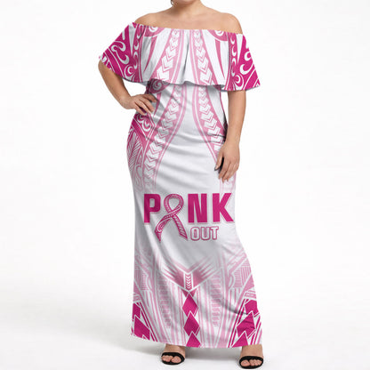 Breast Cancer Pink Out Off Shoulder Maxi Dress Polynesian Art Tattoo White Version