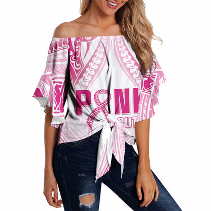 Breast Cancer Pink Out Off Shoulder Wrap Waist Top Polynesian Art Tattoo White Version