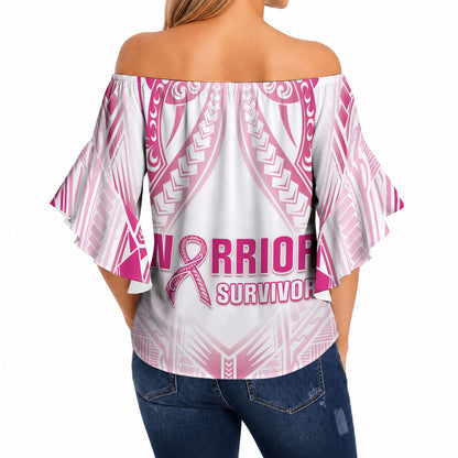 Breast Cancer Pink Out Off Shoulder Wrap Waist Top Polynesian Art Tattoo White Version