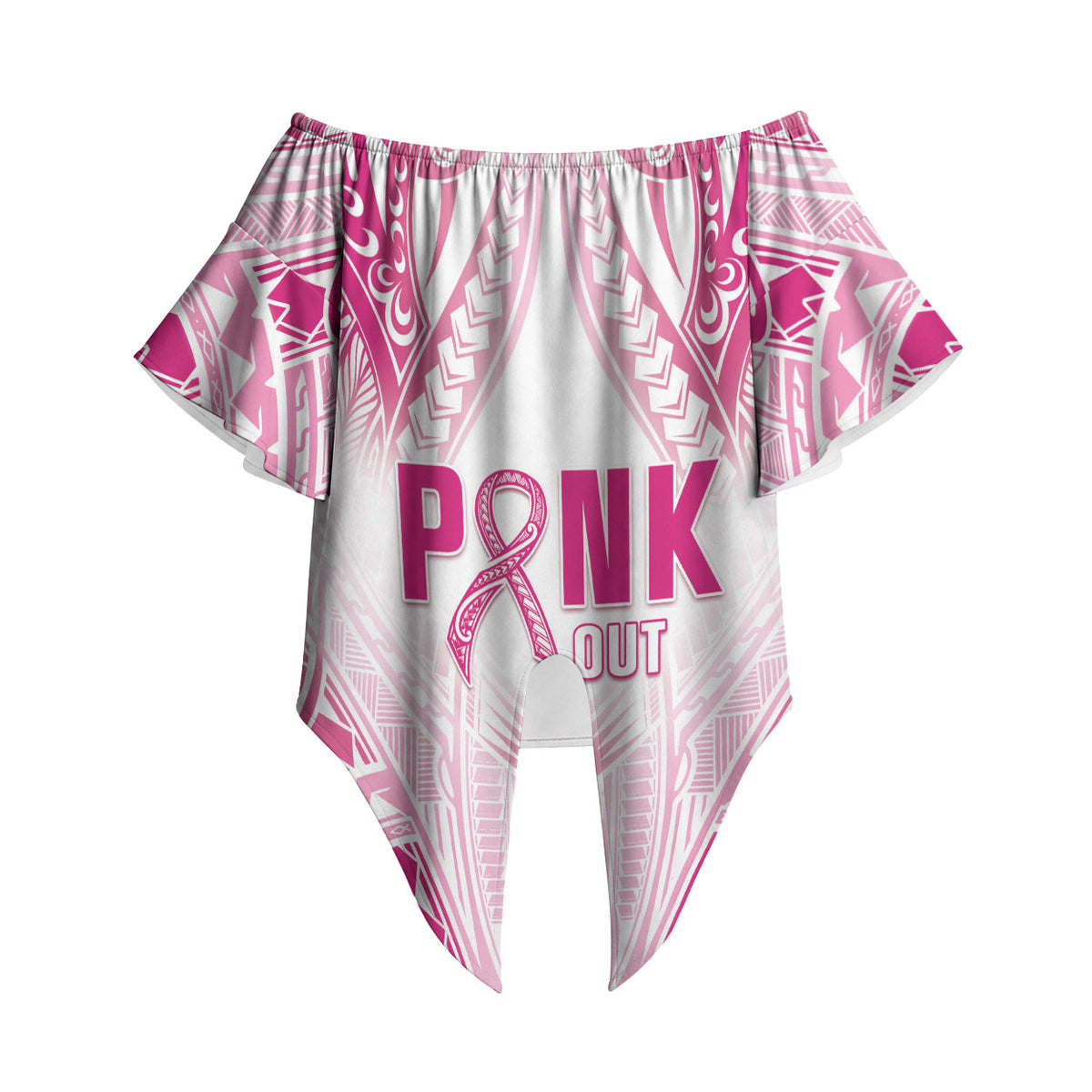 Breast Cancer Pink Out Off Shoulder Wrap Waist Top Polynesian Art Tattoo White Version