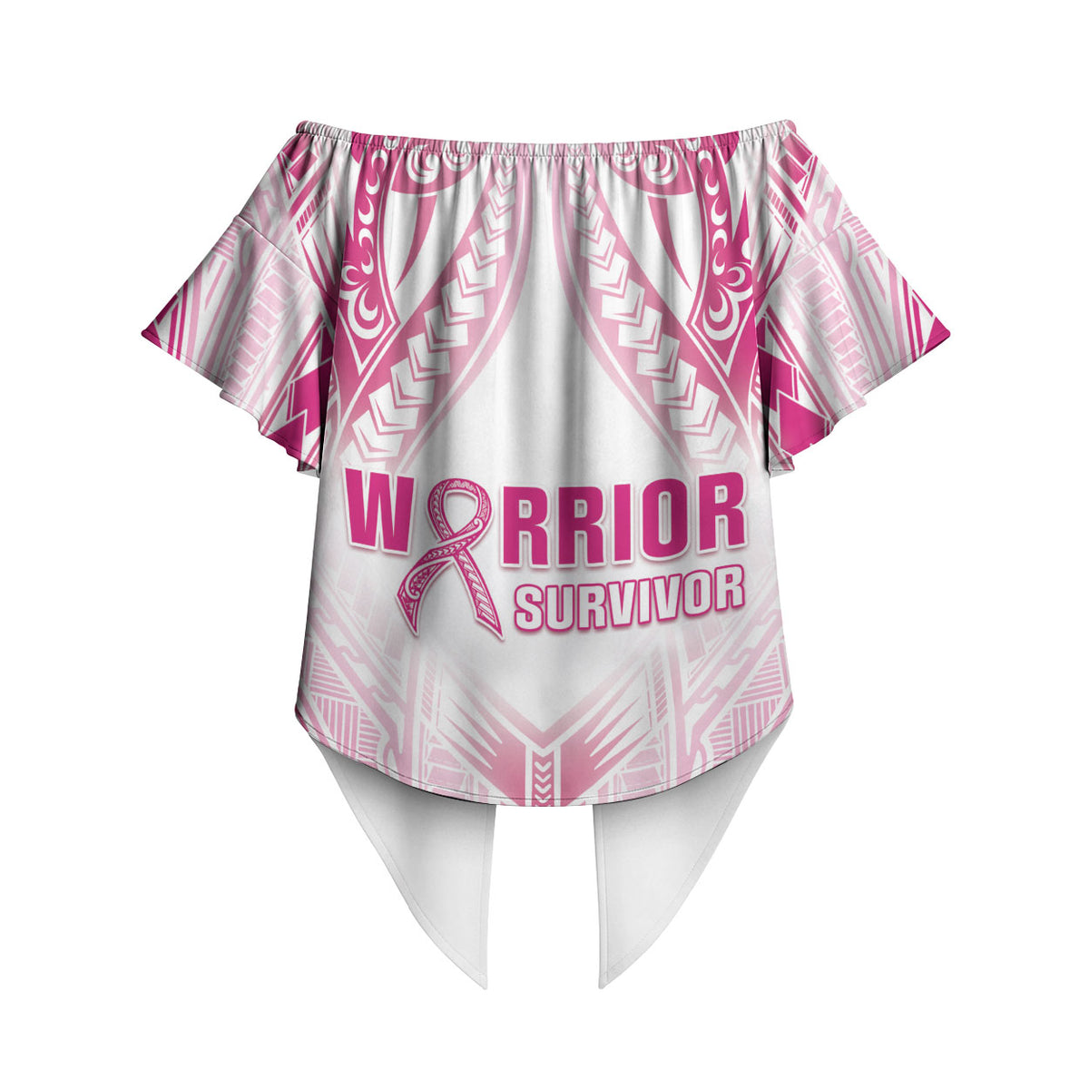 Breast Cancer Pink Out Off Shoulder Wrap Waist Top Polynesian Art Tattoo White Version