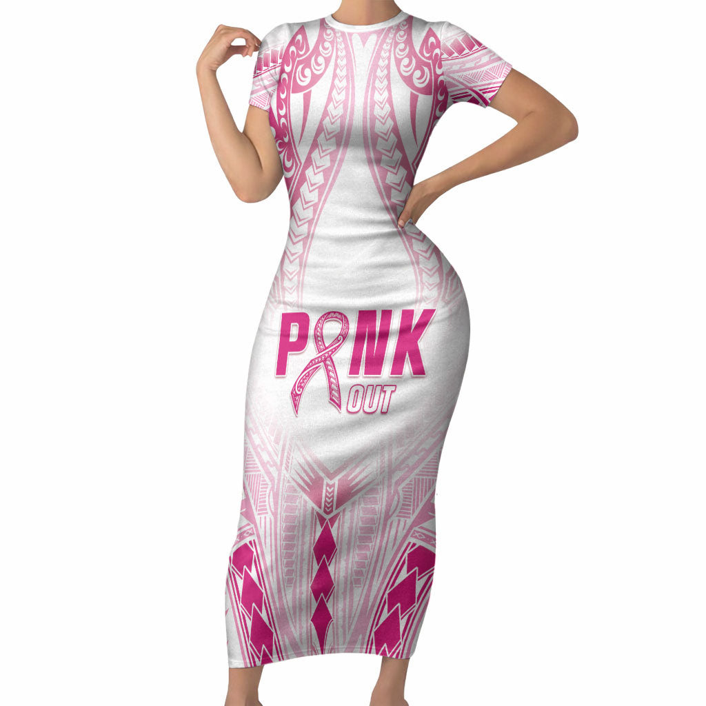 Breast Cancer Pink Out Short Sleeve Bodycon Dress Polynesian Art Tattoo White Version