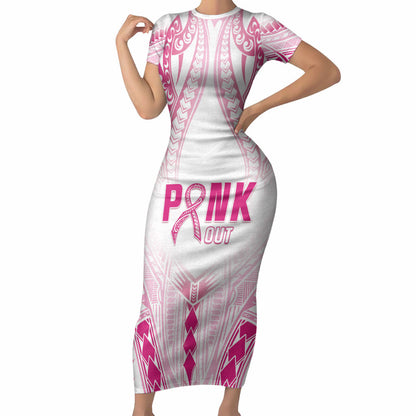 Breast Cancer Pink Out Short Sleeve Bodycon Dress Polynesian Art Tattoo White Version