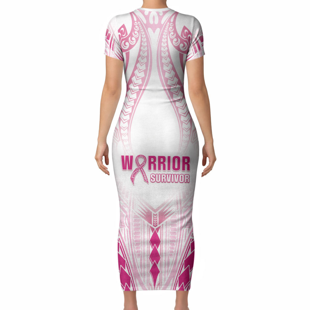 Breast Cancer Pink Out Short Sleeve Bodycon Dress Polynesian Art Tattoo White Version