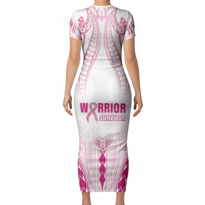 Breast Cancer Pink Out Short Sleeve Bodycon Dress Polynesian Art Tattoo White Version