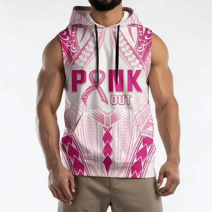Breast Cancer Pink Out Sleeveless Hoodie Polynesian Art Tattoo White Version