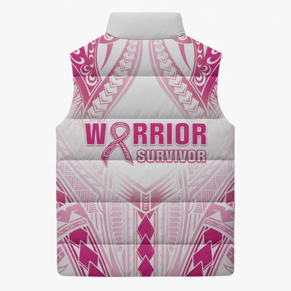 Breast Cancer Pink Out Sleeveless Puffer Jacket Polynesian Art Tattoo White Version
