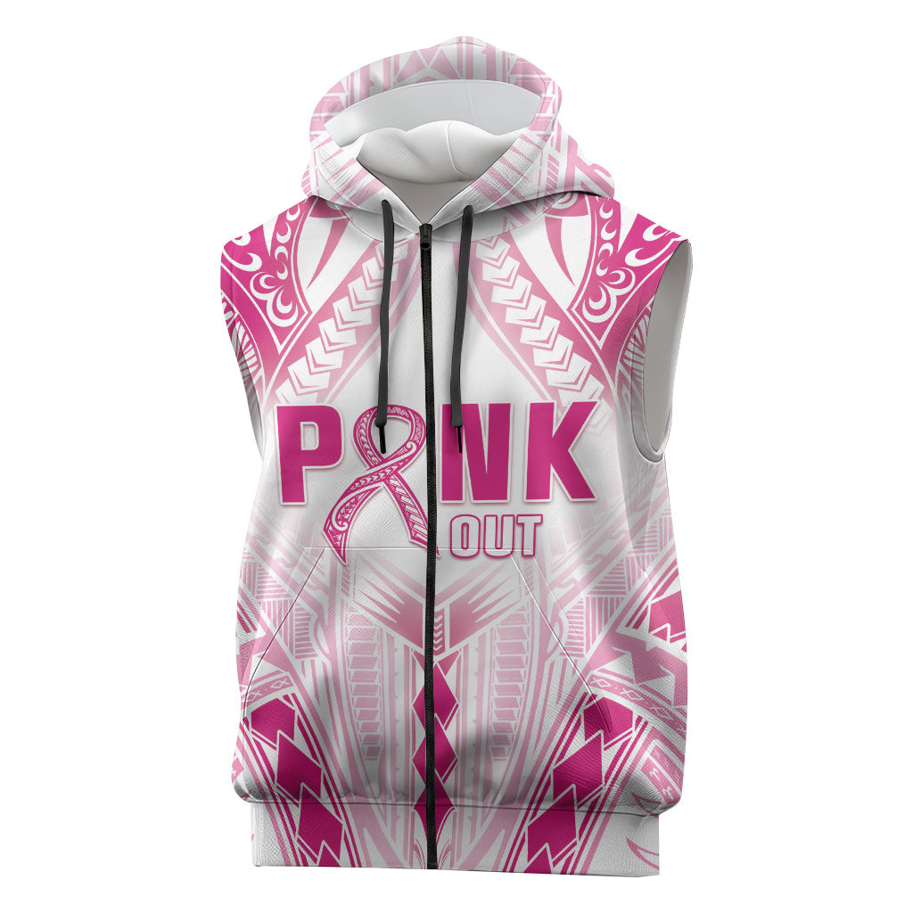Breast Cancer Pink Out Sleeveless Zip Hoodie Polynesian Art Tattoo White Version