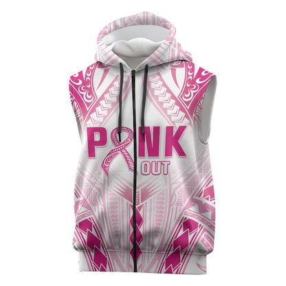 Breast Cancer Pink Out Sleeveless Zip Hoodie Polynesian Art Tattoo White Version