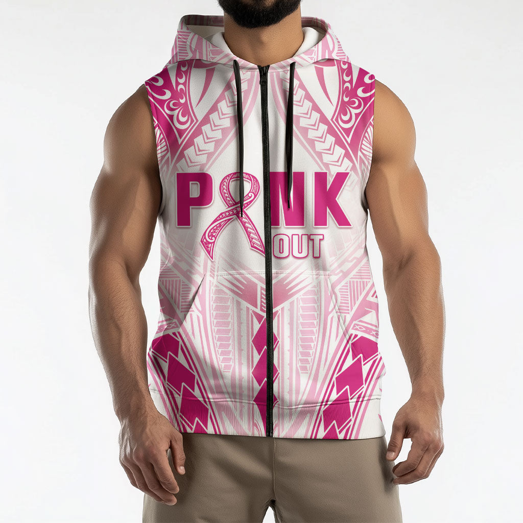 Breast Cancer Pink Out Sleeveless Zip Hoodie Polynesian Art Tattoo White Version
