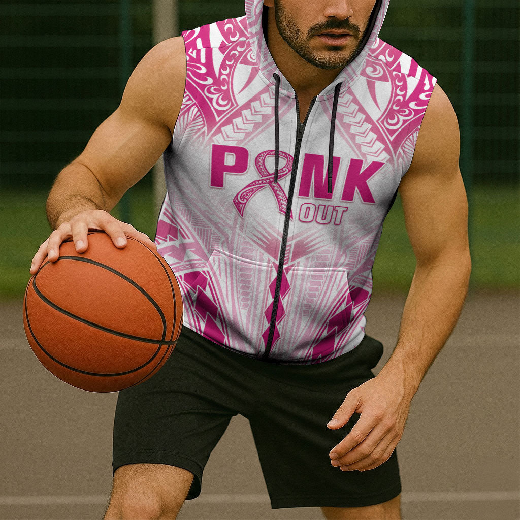 Breast Cancer Pink Out Sleeveless Zip Hoodie Polynesian Art Tattoo White Version
