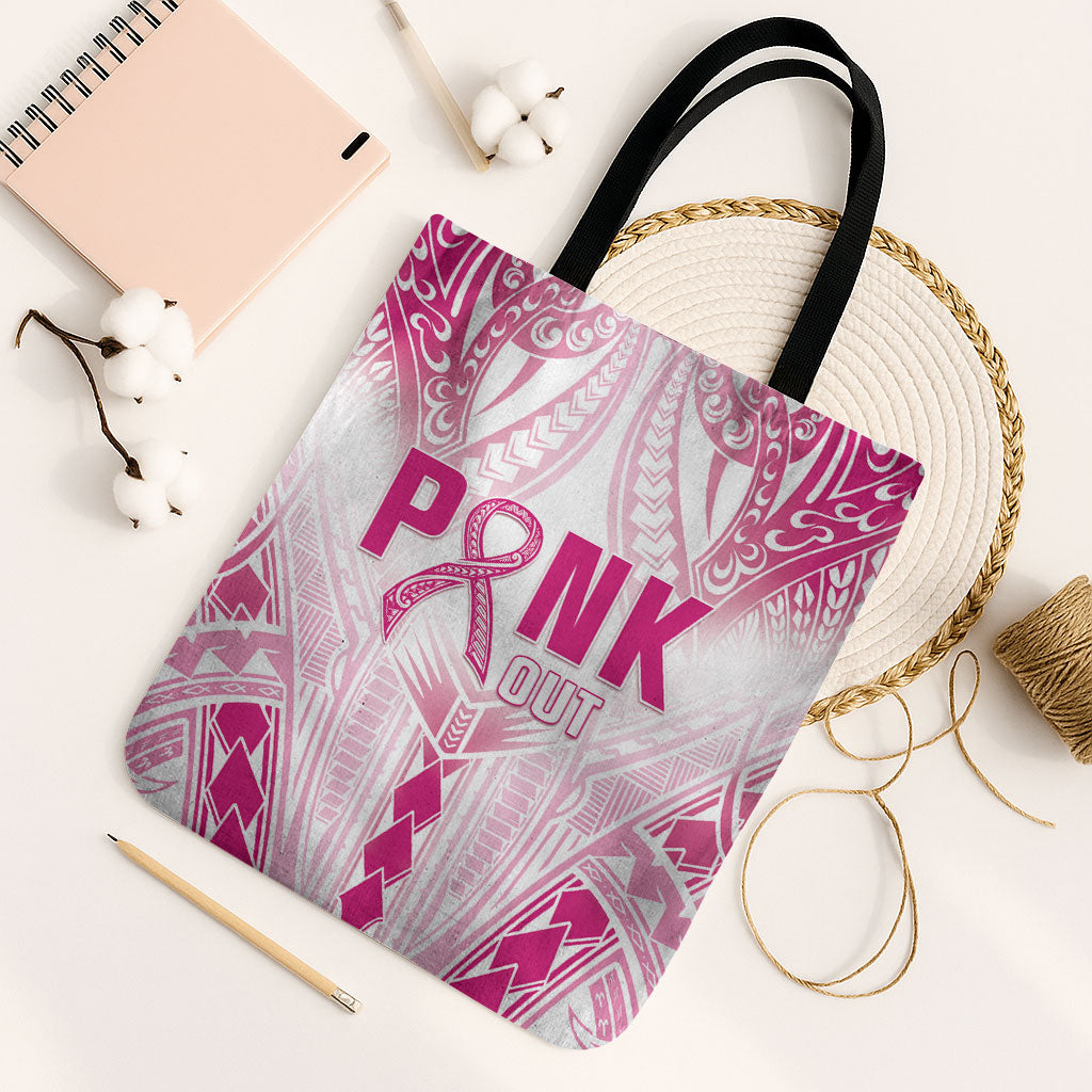 Breast Cancer Pink Out Tote Bag Polynesian Art Tattoo White Version