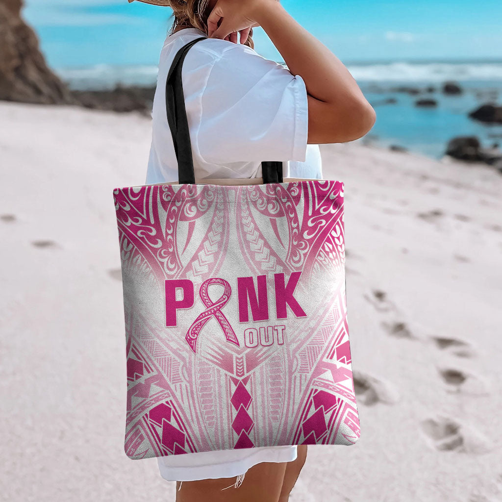 Breast Cancer Pink Out Tote Bag Polynesian Art Tattoo White Version