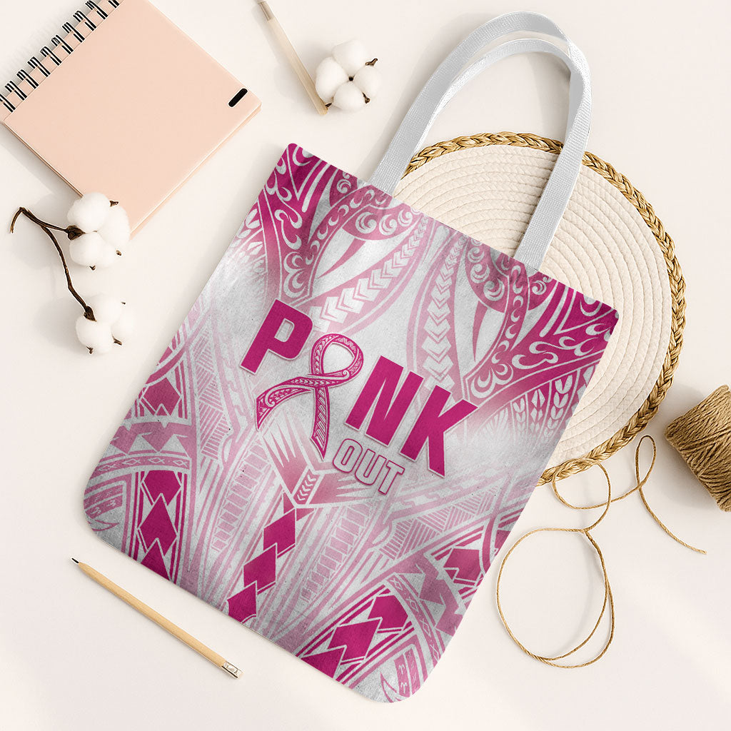 Breast Cancer Pink Out Tote Bag Polynesian Art Tattoo White Version