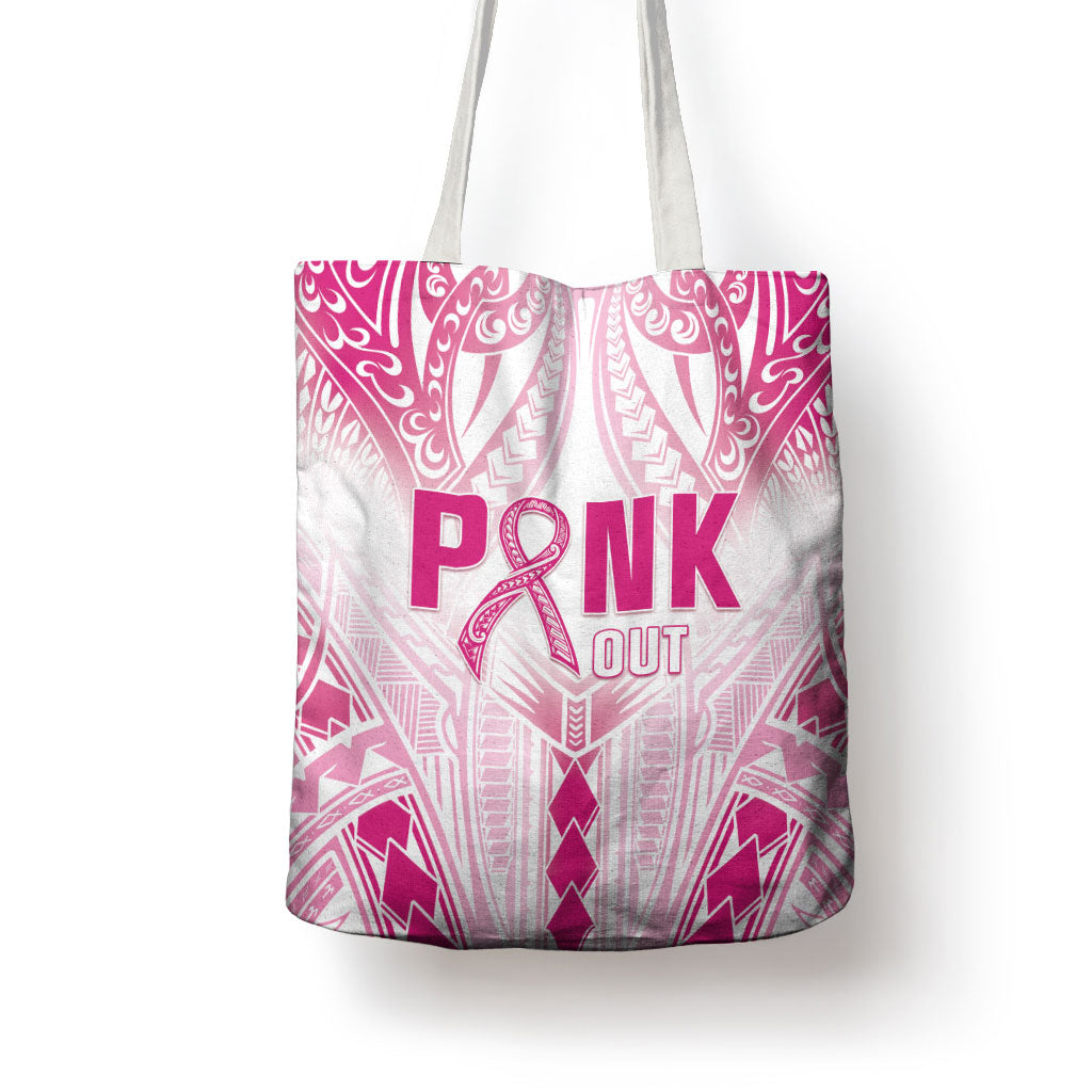 Breast Cancer Pink Out Tote Bag Polynesian Art Tattoo White Version