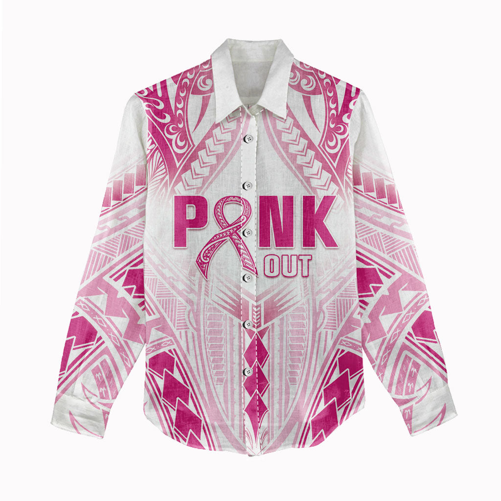 Breast Cancer Pink Out Women Casual Shirt Polynesian Art Tattoo White Version