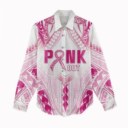 Breast Cancer Pink Out Women Casual Shirt Polynesian Art Tattoo White Version