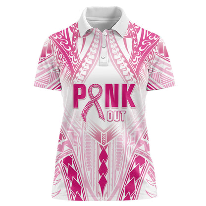 Breast Cancer Pink Out Women Polo Shirt Polynesian Art Tattoo White Version
