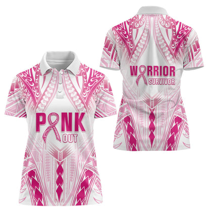Breast Cancer Pink Out Women Polo Shirt Polynesian Art Tattoo White Version