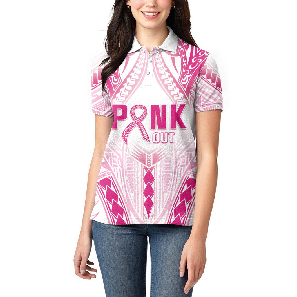 Breast Cancer Pink Out Women Polo Shirt Polynesian Art Tattoo White Version